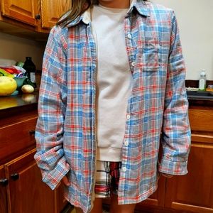 L.L. Bean Sherpa-Lined Blue Plaid Flannel Shirt Size Medium